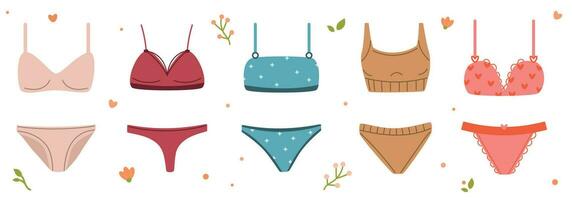 Vector set of lingerie sets, women's underwear, panties, bikinis, bras and tops