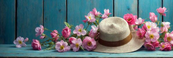 ai generado Paja sombrero con marrón cinta en brillante azul superficie. vibrante ramo de flores de vistoso flores transporta alegre verano atmósfera y al aire libre alegría. primavera y verano bandera concepto foto