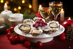 AI generated Fresh oysters on ice, adorned with Christmas decorations, set on an elegantly decorated holiday table photo