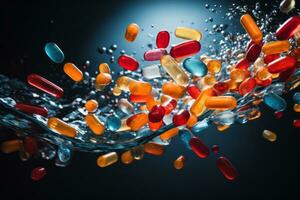 AI generated Abstract image of pills and capsules in mid-air, creating a sense of chaos and dynamism, vivid colors against a dark, moody background photo