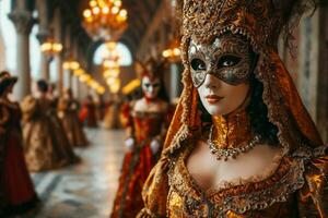 ai generado un elegante mascarada pelota durante el veneciano carnaval, bailarines en Exquisito período disfraces y intrincado mascaras, opulento salón de baile ajuste con candelabros y mármol pisos foto