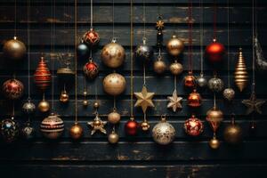 AI generated A collection of vintage Christmas ornaments, such as glass baubles, stars, and tinsel, arranged artistically against a rustic wooden background. photo