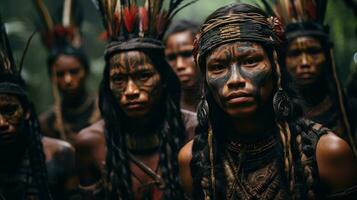 ai generado retrato de un indígena comunidad comprometido exhibiendo su conexión con el ambiente. foto