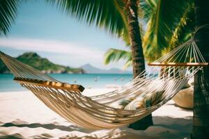 AI generated Close-up image of a hammock strung between palm trees on a white sandy beach, epitomizing relaxation on a tropical island photo