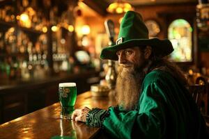 AI generated A bearded Leprechaun with green hat and green dress at a bar sits with a glass of green beer.  Nostalgic vibe with wooden furniture celebrating St. Patrick's Day. photo