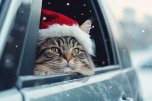 AI generated A joyfully ecstatic cat wearing a festive Santa Claus hat, sticking its head out of a moving car window, clearly reveling in the pure bliss of the moment. photo