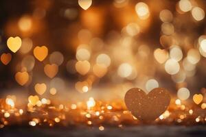 AI generated Valentine's Day background theme. A dreamy background image of heart-shaped bokeh lights in warm tones. The lights create a soft atmosphere. photo