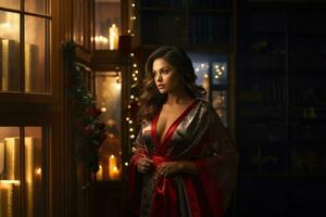 AI generated A woman draped in a luxurious Christmas-themed robe over her lingerie. The setting is elegant and festive, with a focus on the textures of the robe and the soft holiday lighting. photo