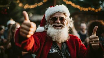 AI generated Joyful Santa Claus-themed party, with people dressed in Santa costumes, festive decorations, and a Christmas tree in the background, capturing the holiday spirit, photo