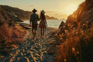 AI generated A young couple dressed in bohemian beach wear, embracing on a sandy beach, evoking a sense of summer love. photo