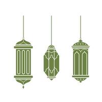 Three Islamic lanterns vector icon set collection illustration shadow silhouette isolated on square white background. Simple flat minimalist cartoon art styled drawing.