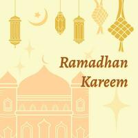 Yellowish beige light brown colored ramadhan kareem poster design vector illustration silhouette isolated with text greeting.