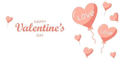 Happy Valentine's Day web banner on a white background with pink balls in the shape of a heart, with a place for text. Pink balls are flying in different directions. vector