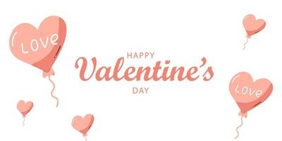 Happy Valentine's Day web banner on a white background with pink balls in the shape of a heart. Pink balls are flying in different directions. vector