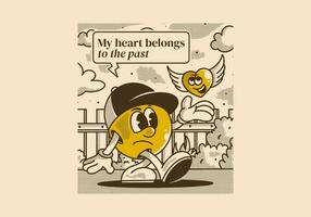 My heart belong to the past. Character illustration of a ball head and flying heart vector