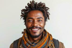 AI generated A bright and engaging studio portrait of a young Afro American rasta male model, showcasing a joyful smile , casual yet stylish attire photo