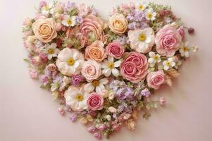 AI generated Heart-shaped floral arrangement, soft and romantic color palette with pastel shades, a dreamy and affectionate atmosphere photo