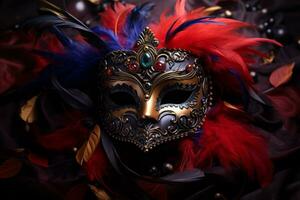 AI generated An elaborate carnival mask adorned with glitter and vibrant feathers, set against a dark, mysterious background, highlighting the intricate details and sparkle photo