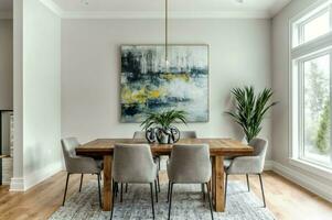 AI generated A modern and stylish dining room featuring sleek, trendy furniture, a minimalist wooden dining table, and elegant chairs, accented with contemporary art pieces photo