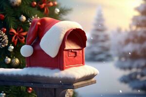 AI generated A mailbox with a Santa hat perched on top, symbolizing the holiday season and the anticipation of receiving packages and greetings. photo