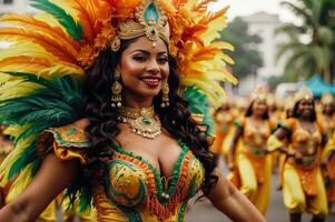 ai generado un samba bailarines con espumoso lentejuela trajes y plumado tocados, bailando en el calles de rio durante carnaval foto