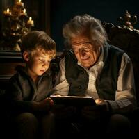 AI generated Grandfather and grandson on the sofa use a tablet to view photos. photo