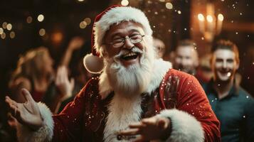 AI generated Joyful Santa Claus-themed party, with people dressed in Santa costumes, festive decorations, and a Christmas tree in the background, capturing the holiday spirit, photo