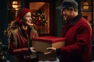 AI generated A family receiving a holiday delivery at their doorstep, with the delivery person , portraying the convenience of home deliveries during the season. photo