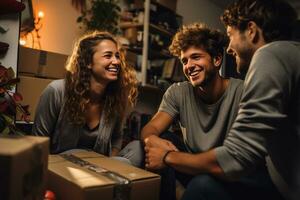 AI generated Heartwarming friends taking a break from moving, sitting among unpacked boxes in their new apartment, sharing pizza and stories, creating a cozy and friendly atmosphere photo
