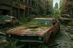 AI generated Ruined urban street in a post-apocalyptic setting, rusted cars, shattered windows, and nature reclaiming the concrete, gritty and realistic, earthy tones with hints of rust and moss green photo