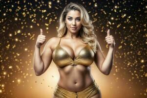 AI generated A blonde woman in a gold bikini stands against a dark background with glittering lights. Her hands are raised, displaying distinct gestures. photo
