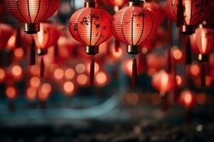 AI generated A Rows of red lanterns suspended in the air, creating a visually appealing and celebratory background reminiscent of traditional Chinese New Year decorations. photo