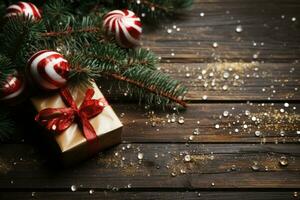ai generado plano laico de Navidad decoraciones, regalo caja, caramelo caña y abeto árbol en clima grunge de madera fondo. foto