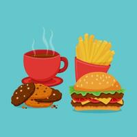 Hot tea cup with cakes and fast food vector