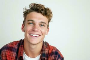 AI generated A bright and engaging studio portrait of a young white American male model, showcasing a joyful smile with perfect teeth, casual yet stylish attire photo