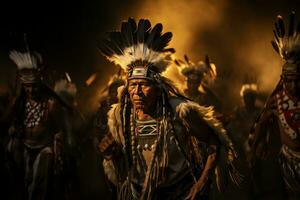 AI generated Native Americans warriors performing traditional war dances, illustrating their cultural significance and skill. photo