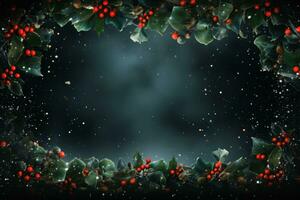 AI generated Vibrant Festive Christmas background with a border of holly leaves, berries, and twinkling lights, centered copyspace for festive greetings or ads photo