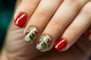 AI generated Christmas nails, adorned with sparkling red and green nail art and tiny Christmas tree decorations, against a soft, snowy backdrop photo