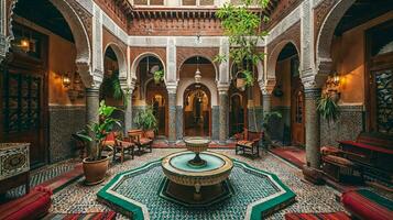 AI generated Vibrant interior of a traditional Marrakech riad, showcasing ornate tile work, richly colored fabrics, and a central courtyard with a tranquil fountain photo