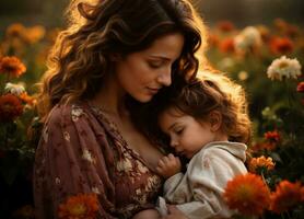 AI generated Tender mom lovingly holding her baby outdoors , surrounded by blooming flowers and a warm sunset glow photo