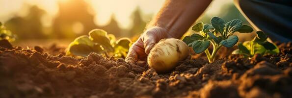 AI generated Close-up of a hands gently lifting a potato from the soil, capturing the moment of harvest and the earthy texture of the potatoes photo