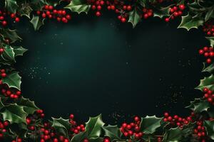 AI generated Vibrant Festive Christmas background with a border of holly leaves, berries, and twinkling lights, centered copyspace for festive greetings or ads photo