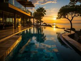 ai generado lujoso infinito piscina a un tropical complejo, capturar el sin costura mezcla de el quinielas borde con el Oceano horizonte, tranquilo y fascinante foto