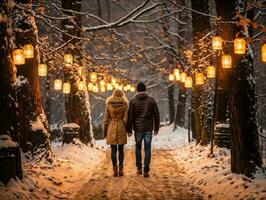 AI generated Romantic scene of a couple walking hand in hand through a winter wonderland park, the path lined with snow-covered trees and glowing lanterns, photo