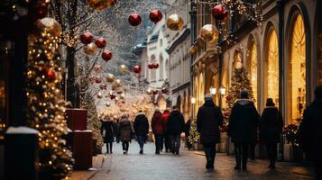 AI generated A quaint European street on Saint Nicholas Day, adorned with festive decorations and lights, shoppers carrying bags of gifts photo