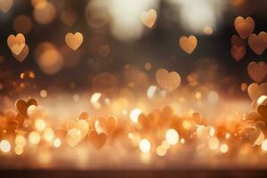 AI generated Valentine's Day background theme. A dreamy background image of heart-shaped bokeh lights in warm tones. The lights create a soft atmosphere. photo