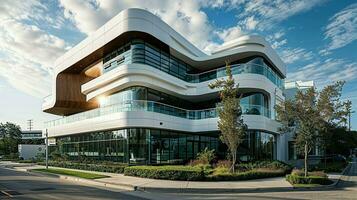 AI generated Panoramic view of a luxury dental clinic's facade, showcasing its modern architecture and premium branding, set in an affluent neighborhood. photo