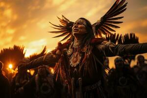 ai generado nativo americano bailarines ejecutando un ceremonial águila danza a puesta de sol. foto