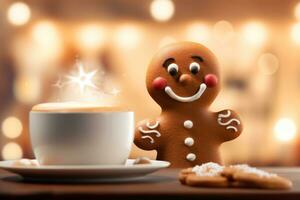 AI generated A smiling gingerbread man beside a steaming cup of hot cocoa with marshmallows. The background includes a cozy, festive kitchen scene, emphasizing the warmth of the holiday season. photo