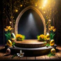 AI generated Easter background with round podium and easter ornaments, dark background theme photo